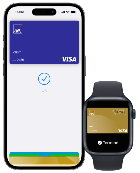 Illustration d'un smartphone avec l'application Apple Pay ouverte, montrant une carte de paiement AXA Banque prête à être utilisée.